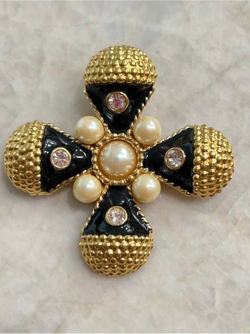 Vintage Premier Designs black and gold Maltese cross statement brooch